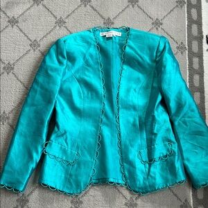 Vintage Anne Crimmins Elegant Silk Teal Women's Blazer with Scalloped Design